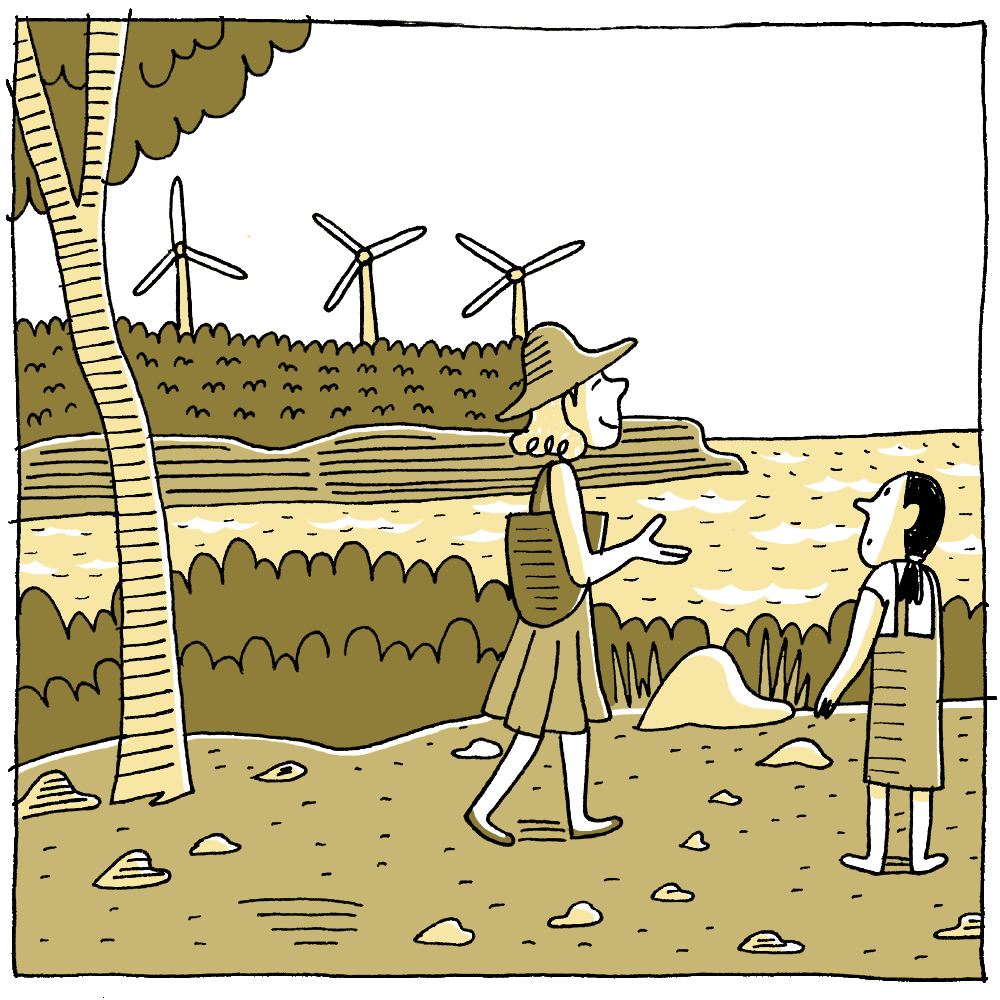 Walking alongside some wind turbines, she explains to her how a wind map is made.