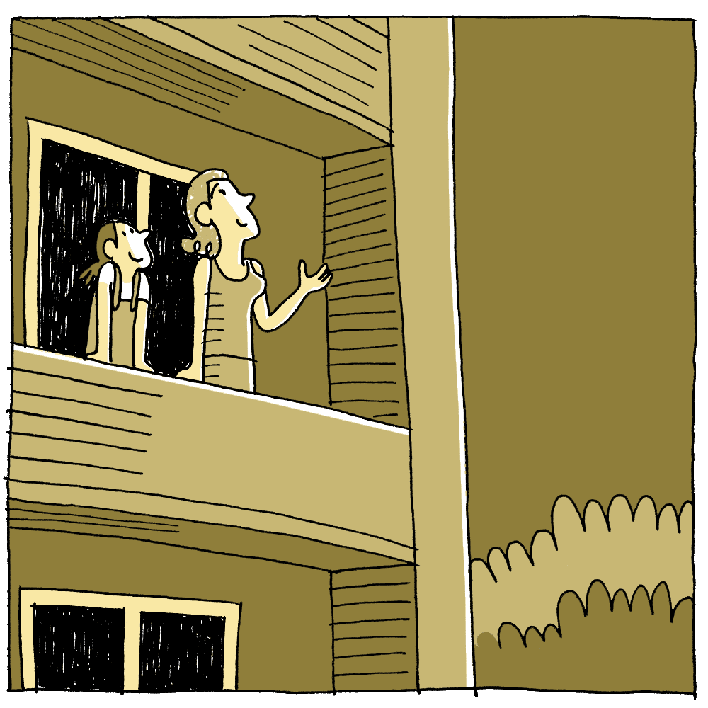 Later, on their balcony, they look at the starry sky together.